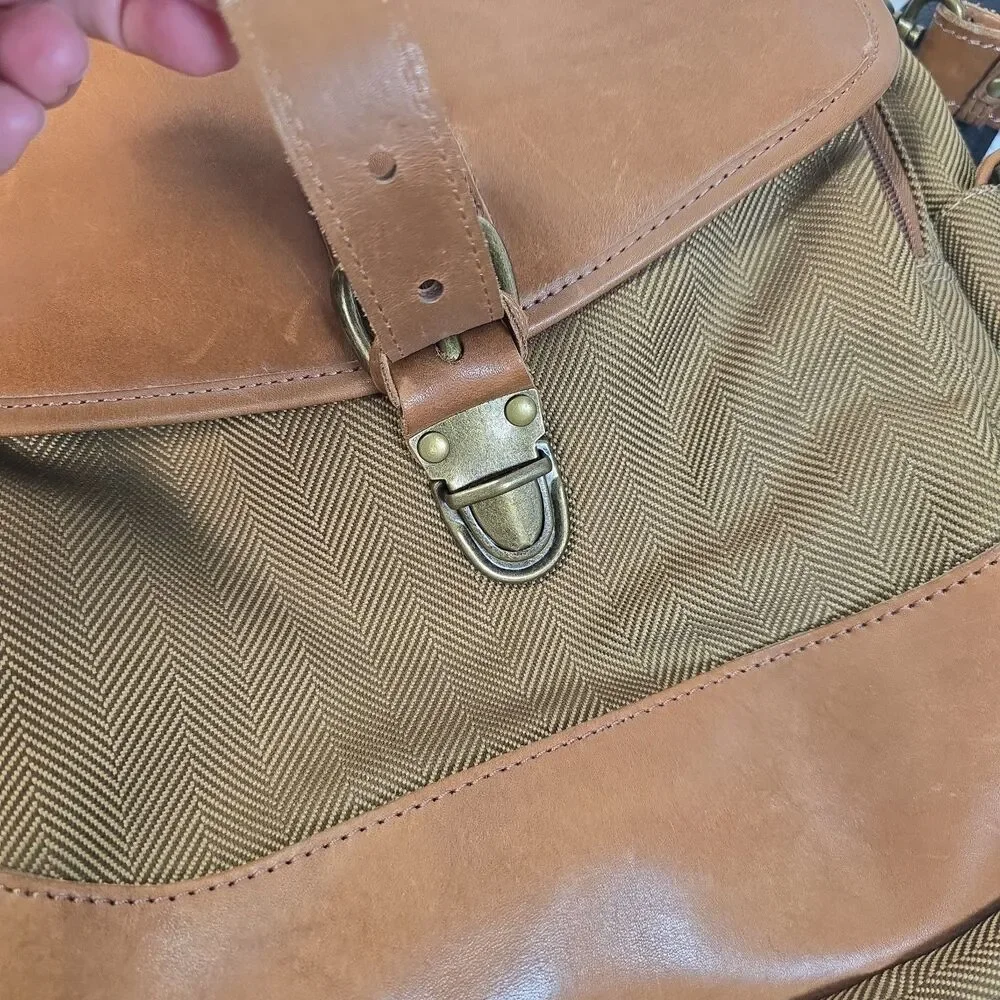 L.L. Bean Canvas Leather Crossbody Messenger Bag Brown Herringbone Travel Field